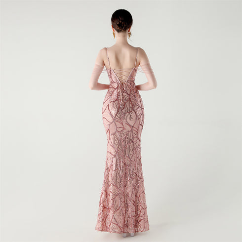 Graceful Sequin Embellished Mesh Mermaid Maxi Dress